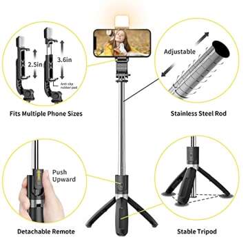Selfie Stick with Fill Light, 104cm Extendable Selfie Stick Tripod with Wireless Remote, 3 Light Modes, 6 Brightness Levels, Compatible with iPhone 14/13/12/11, Samsung Galaxy, Google, Huawei, etc