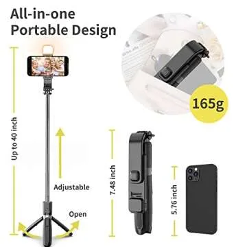 Selfie Stick with Fill Light, 104cm Extendable Selfie Stick Tripod with Wireless Remote, 3 Light Modes, 6 Brightness Levels, Compatible with iPhone 14/13/12/11, Samsung Galaxy, Google, Huawei, etc