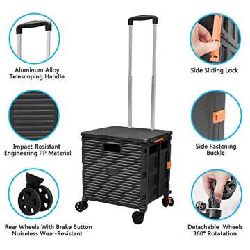 FELICON SELORSS Foldable Utility Cart - Heavy Duty Portable Rolling Crate with Telescoping Handle