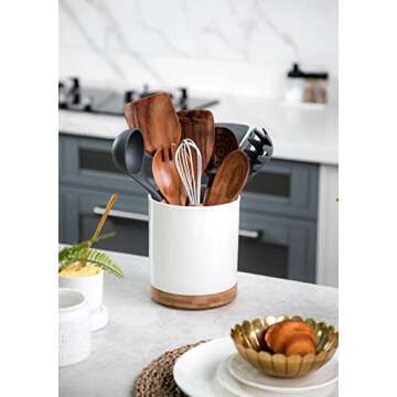 Nucookery 360° Rotating Utensil Holder, 7.2" Large Utensil Crock, White Ceramic Cooking Utensil Org...