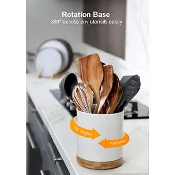 Nucookery 360° Rotating Utensil Holder, 7.2" Large Utensil Crock, White Ceramic Cooking Utensil Organizer with Countertop-Protection Cork Bottom for Farmhouse Kitchen Decor Christmas Gift (White)