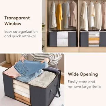 Lifewit 6 Pack Clothes Storage, Foldable Storage and Organization, Storage Bins with Lids, Blanket Storage with Clear Window, Closet Storage with Reinforced Handles for Clothing, Bedding, Gray