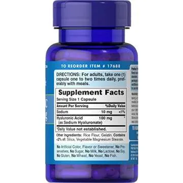 Puritans Pride Hyaluronic Acid 100mg, Dietary Supplement for Skin Hydration, 60 Rapid Release Capsules