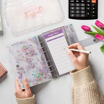 SOUL MAMA Budget Binder with Zipper Envelopes - Glitter Money Organizer for Cash, A6 Binder Cash Envelopes for Budgeting, Money Saving Binder with Rose Gold Pre-Printed Stickers