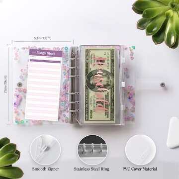 SOUL MAMA Budget Binder with Zipper Envelopes - Glitter Money Organizer for Cash, A6 Binder Cash Envelopes for Budgeting, Money Saving Binder with Rose Gold Pre-Printed Stickers