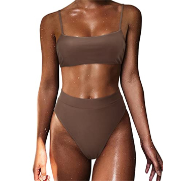 MOSHENGQI Women High Waisted High Cut Bikini Push Up Bandeau Swimsuits (S, Cocoa Brown)