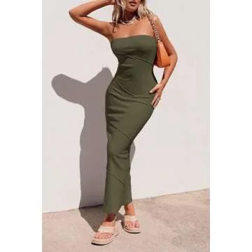 PRETTYGARDEN Women's Ribbed Maxi Bodycon Dress Summer Strapless Tube Y2K Party Club Long Dresses (Army Green,Small)