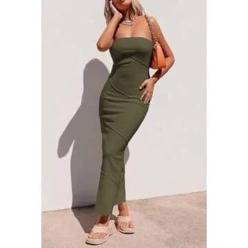 PRETTYGARDEN Women's Ribbed Maxi Bodycon Dress Summer Strapless Tube Y2K Party Club Long Dresses (Army Green,Small)