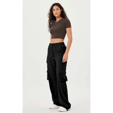 ODODOS Stretch Woven Relaxed Cargo Pants for Women Cinchable Hems Lightweight Casual Sweatpants with Pockets, Black, Small