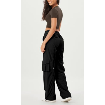 ODODOS Stretch Woven Relaxed Cargo Pants for Women Cinchable Hems Lightweight Casual Sweatpants with Pockets, Black, Small