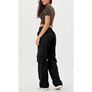 ODODOS Stretch Woven Relaxed Cargo Pants for Women Cinchable Hems Lightweight Casual Sweatpants with Pockets, Black, Small