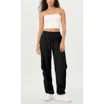 ODODOS Stretch Woven Relaxed Cargo Pants for Women Cinchable Hems Lightweight Casual Sweatpants with Pockets, Black, Small