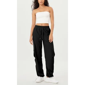 ODODOS Stretch Woven Relaxed Cargo Pants for Women Cinchable Hems Lightweight Casual Sweatpants with Pockets, Black, Small