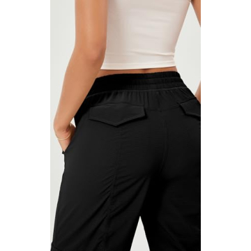 ODODOS Stretch Woven Relaxed Cargo Pants for Women Cinchable Hems Lightweight Casual Sweatpants with Pockets, Black, Small