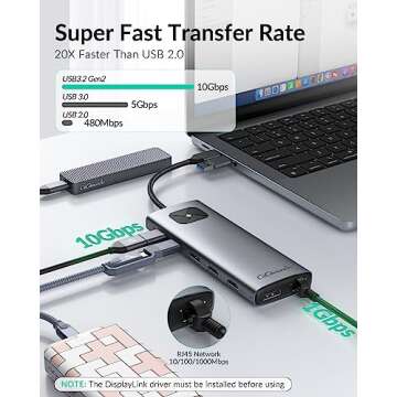 GiGimundo LK10 DisplayLink Docking Station Dual Monitor 4K 60Hz for M1/M2/M3 MacBook Air/Pro, Portable DisplayLink Adapter with 3xUSB3.2 Port, 2xHDMI, 2xDP, PD100W, Ethernet, Audio, Gray