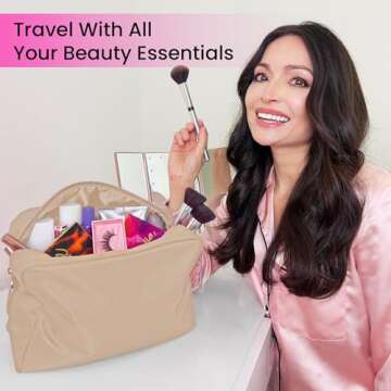 Large Makeup Bag, Nylon Makeup Pouch, Make Up Bag, Cosmetic Bag, Makeup Case, Travel Makeup Bag, Cosmetic Travel Bag, Makeup Bag Travel Cosmetic Bag, Makeup Organizer Bag, Beige Makeup Bag Large Pouch