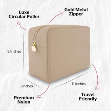 Large Makeup Bag, Nylon Makeup Pouch, Make Up Bag, Cosmetic Bag, Makeup Case, Travel Makeup Bag, Cosmetic Travel Bag, Makeup Bag Travel Cosmetic Bag, Makeup Organizer Bag, Beige Makeup Bag Large Pouch