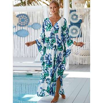 Womens Caftans for Lounging Hand Woven V Neck Swim Cover up Caftan Rayon Cotton Kaftan Dresses Flora...