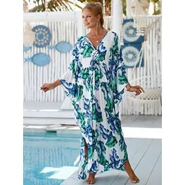 Womens Caftans for Lounging Hand Woven V Neck Swim Cover up Caftan Rayon Cotton Kaftan Dresses Floral Ethnic Print Beach Kaftans Plus Size Over Sized aftans for Women 8772-30