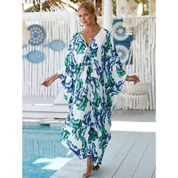 Womens Caftans for Lounging Hand Woven V Neck Swim Cover up Caftan Rayon Cotton Kaftan Dresses Floral Ethnic Print Beach Kaftans Plus Size Over Sized aftans for Women 8772-30