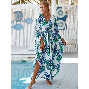 Womens Caftans for Lounging Hand Woven V Neck Swim Cover up Caftan Rayon Cotton Kaftan Dresses Floral Ethnic Print Beach Kaftans Plus Size Over Sized aftans for Women 8772-30