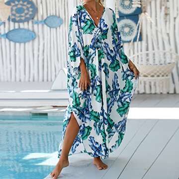Womens Caftans for Lounging Hand Woven V Neck Swim Cover up Caftan Rayon Cotton Kaftan Dresses Floral Ethnic Print Beach Kaftans Plus Size Over Sized aftans for Women 8772-30
