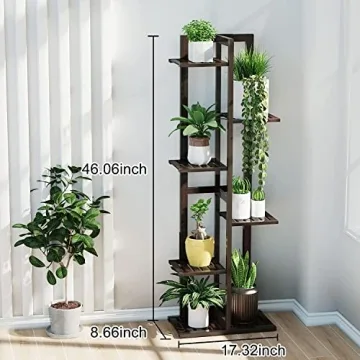 Plant Stands for Indoor Multiple, 6 Tier 7 Potted Plant Shelf, 46 Inch Tall Corner Plant Holder for Living Room, Bamboo Plant Display Rack Adjustable for House Balcony
