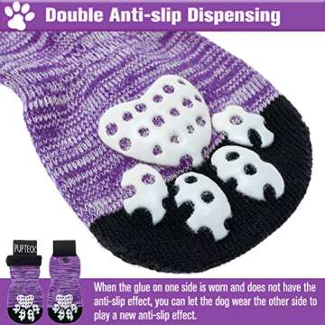 PUPTECK Anti-Slip Dog Socks with Double Sides Grips for Small Medium Large Dogs Hardwood Floors Prevents Licking, Dog Shoes for Hot Pavement Traction Control Paw Protector for Senior Dogs, Purple S
