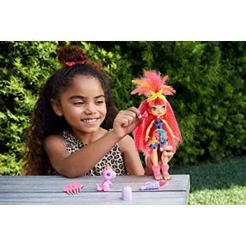 Mattel Cave Club Emberly Doll (8-10-inch, Pink Hair) Poseable Prehistoric Fashion Doll with Dinosaur...