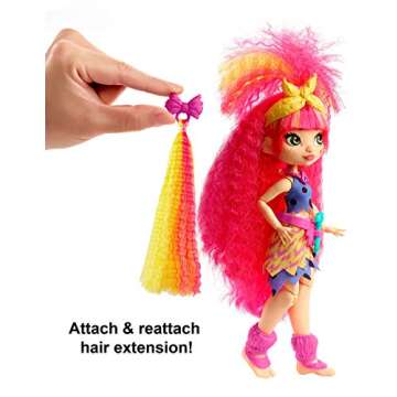 Mattel Cave Club Emberly Doll (8-10-inch, Pink Hair) Poseable Prehistoric Fashion Doll with Dinosaur Pet and Accessories, Gift for 4 Year Olds and Up