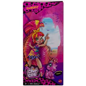 Mattel Cave Club Emberly Doll (8-10-inch, Pink Hair) Poseable Prehistoric Fashion Doll with Dinosaur Pet and Accessories, Gift for 4 Year Olds and Up
