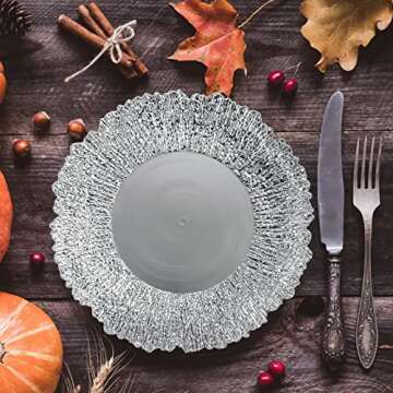 Coloch Set of 12 Plastic Silver Charger Plates, 13" Reusable Reef Serving Charger for Dinner Plate Round Shiny Decorative Charger Plate for Wedding, Catering, Parties, Restaurant, Home Dinner Use