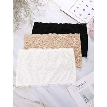 Boao 3 Pieces Women's Floral Lace Tube Top Bandeau Strapless Bras Seamless Stretchy Chest Wrap (Black, White, Beige)