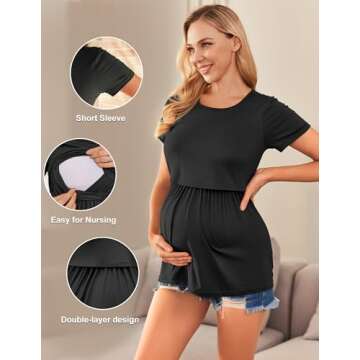 Ekouaer Womens Nursing Tops 3 Packs Nursing Shirts Short Sleeve Double Layer Maternity Breastfeeding...