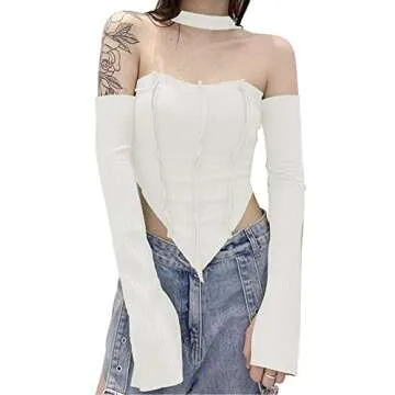 SansoiSan Women's Sexy Irregular Off The Shoulder Long Sleeve Flared Sleeves Solid Halter Crop Tank Ruched Tops Y2K Clothes for Teen Girls White Small