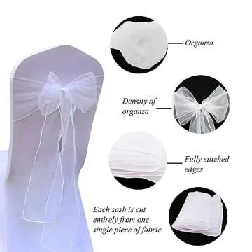 BIT.FLY 25 Pcs Organza Chair Sashes for Wedding Banquet Party Decoration Chair Bows Ties Chair Cover Bands Event Supplies - White