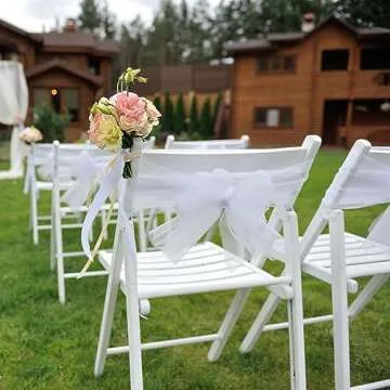 BIT.FLY 25 Pcs Organza Chair Sashes for Wedding Banquet Party Decoration Chair Bows Ties Chair Cover Bands Event Supplies - White