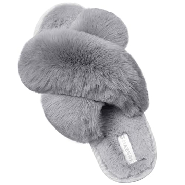 JIASUQI Women's Cross Band Fuzzy House Slippers - Luxe Faux Fur Comfort, Indoor/Outdoor Wear