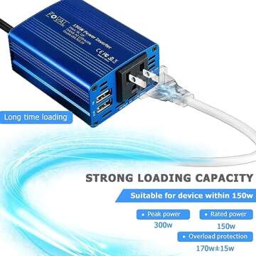 FOVAL 150W Car Power Inverter 12V DC to 110V AC Converter Vehicle Adapter Plug Outlet with 3.1A Dual USB Car Charger for Laptop Computer (Classic Blue)