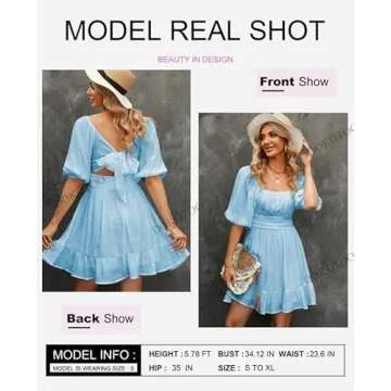 Dokotoo Women's Square Neck Tie Back Off The Shoulder Dress Lantern Sleeve Ruffle A-Line Blue Dress Elastic Waist Casual Mini Dress for Women Medium