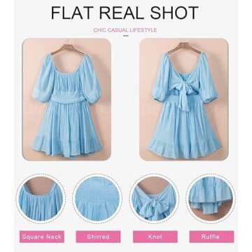 Dokotoo Women's Square Neck Tie Back Off The Shoulder Dress Lantern Sleeve Ruffle A-Line Blue Dress Elastic Waist Casual Mini Dress for Women Medium