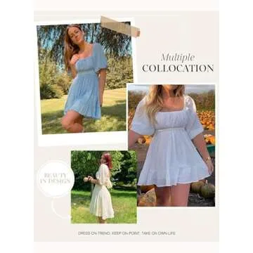 Dokotoo Women's Square Neck Tie Back Off The Shoulder Dress Lantern Sleeve Ruffle A-Line Blue Dress Elastic Waist Casual Mini Dress for Women Medium