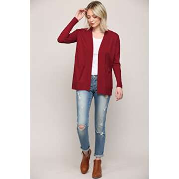 MBJ WSK926 Women's Open Front Casual Long Sleeve Knit Classic Sweater Cardigan with Pockets XL Burgundy