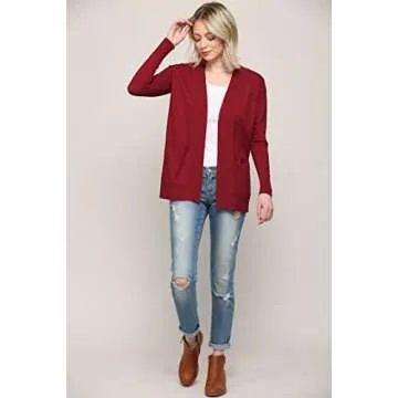 MBJ WSK926 Women's Open Front Casual Long Sleeve Knit Classic Sweater Cardigan with Pockets XL Burgundy