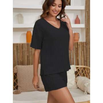 JSVZREU Ribbed Knit Sweat Suit for Women 2 Piece Sets Lounge Two Piece Sets Summer Short Sleeve Outfits(Black,XXL), XX-Large
