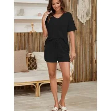 JSVZREU Ribbed Knit Sweat Suit for Women 2 Piece Sets Lounge Two Piece Sets Summer Short Sleeve Outfits(Black,XXL), XX-Large