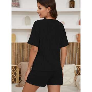 JSVZREU Ribbed Knit Sweat Suit for Women 2 Piece Sets Lounge Two Piece Sets Summer Short Sleeve Outfits(Black,XXL), XX-Large