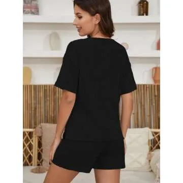 JSVZREU Ribbed Knit Sweat Suit for Women 2 Piece Sets Lounge Two Piece Sets Summer Short Sleeve Outfits(Black,XXL), XX-Large