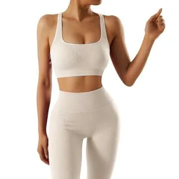 RXRXCOCO Ribbed Workout Sets for Women 2 Piece Backless Strappy Sports Bra Seamless Leggings Matching Set Yoga Outfits Apricot Small