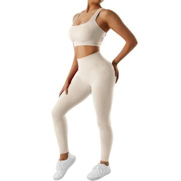 RXRXCOCO Ribbed Workout Sets for Women 2 Piece Backless Strappy Sports Bra Seamless Leggings Matching Set Yoga Outfits Apricot Small